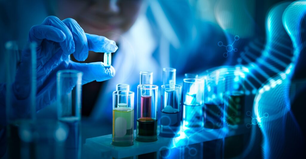 Scientist holding vial of NAD+ solution with test tubes and DNA helix background