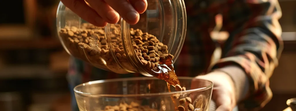 a business owner pouring badlands ranch healthy, grain-free dog food into a dog bowl.