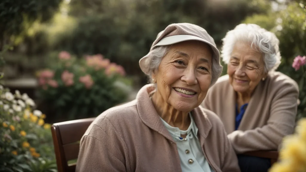 a compassionate caregiver gently guides a smiling senior through a tranquil garden.