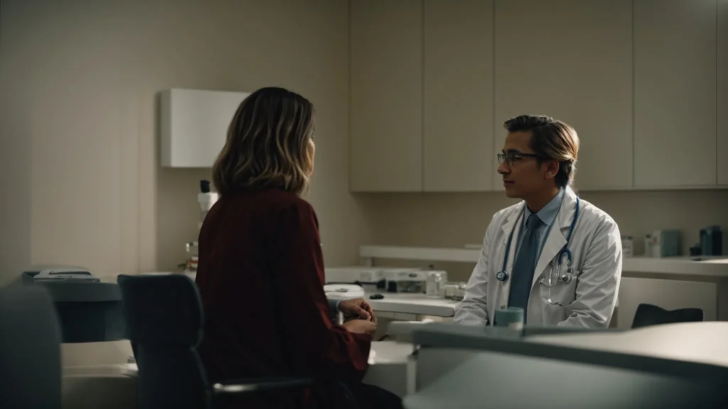 a doctor talks to a patient in a consultation room.