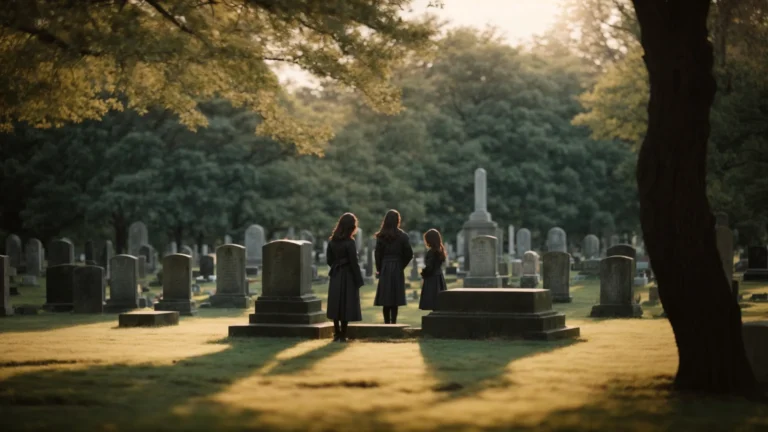 a family stands together in a serene, sunlit cemetery, facing a simple, unadorned gravestone.