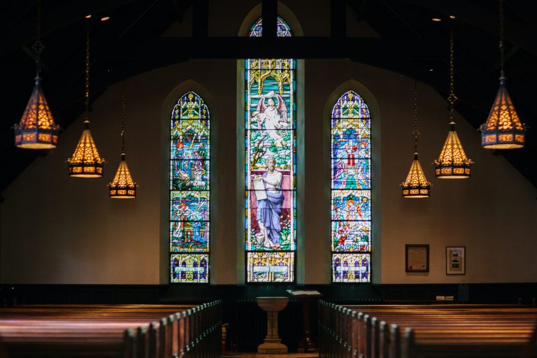 a room with stained glass windows