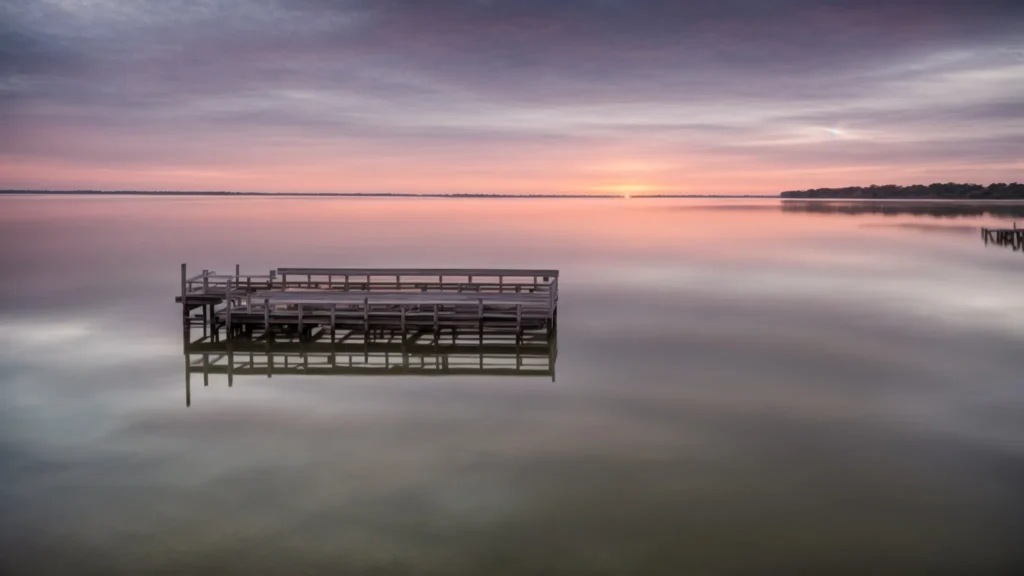 a serene sunrise view over the calm waters along the beaufort, south carolina coastline, highlighting the natural beauty ideal for a vacation setting.