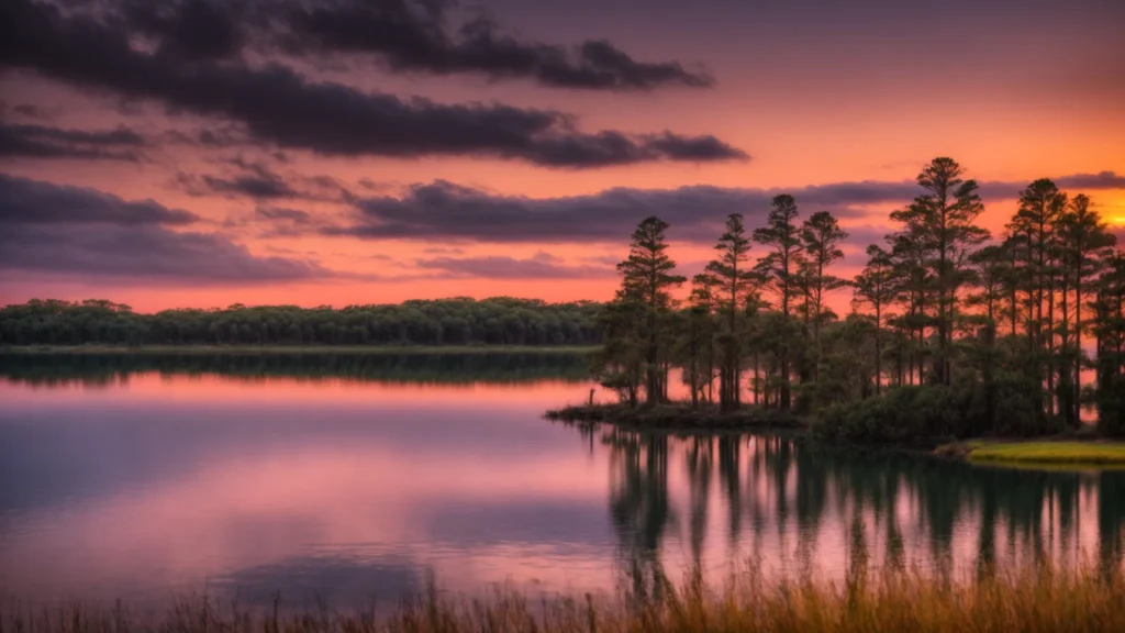 a vibrant sunset dips behind the serene waters of clarks hill lake with a row of cypress trees silhouetted against the golden sky.