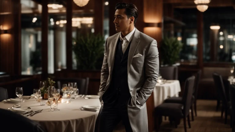 a man confidently walks into a high-end restaurant, wearing a crisp sports coat for a dinner date.