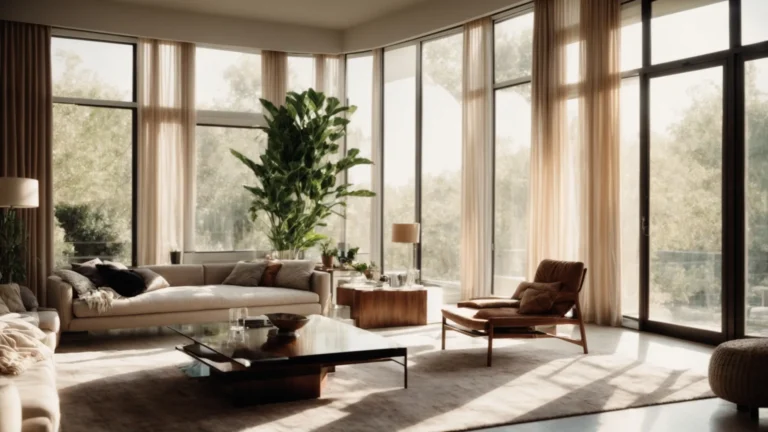 a home with large windows draped in elegant, adjustable shades, casting soft light into a stylish interior.