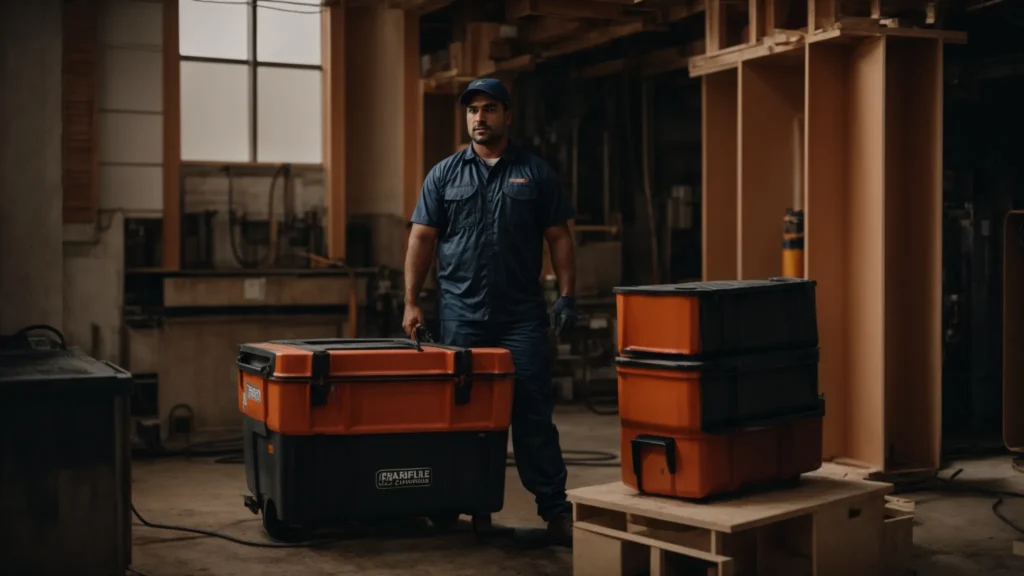 a furnace installer, carrying a toolbox, stands beside a new furnace ready to be installed in a home's basement.