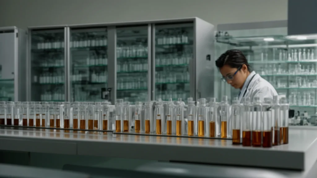 a scientist wearing a lab coat and safety glasses examines a row of vials labeled "cagrilintide 5mg" inside a modern research laboratory.