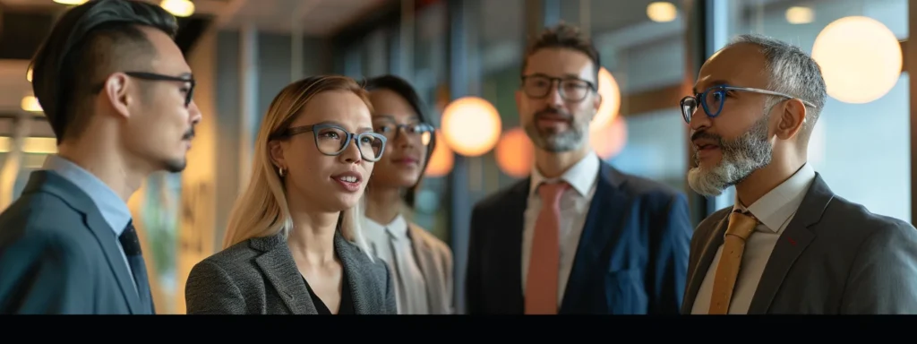 a group of business professionals looking at a presentation of the benefits of ai management guide tied to an anchor, discussing adaptability and learning curve.