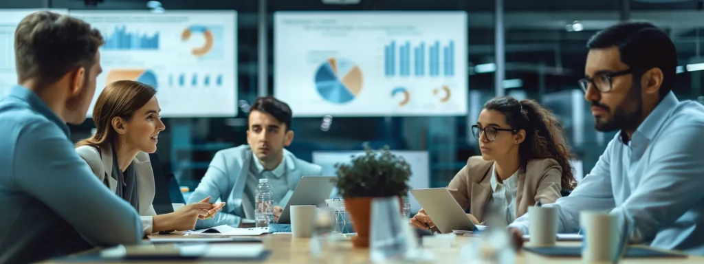 a group of business professionals surrounded by charts and graphs, discussing cost savings and energy efficiency benefits of routine hvac care.