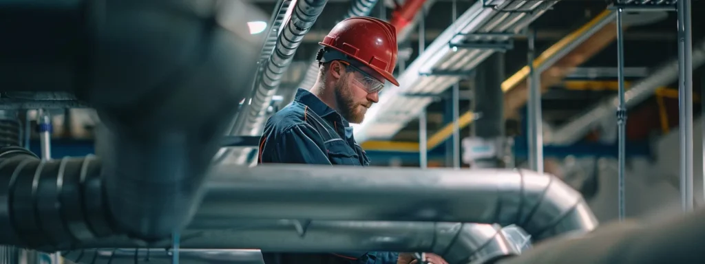 a technician in a professional agency performing maintenance on an hvac system anchored securely.