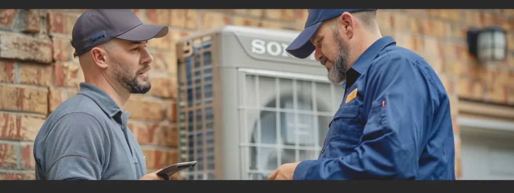 business professionals discussing hvac service benefits next to an anchor with at your service heating and air conditioning logo in spartanburg, sc.