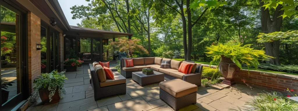 a luxurious outdoor patio with manicured gardens and a private deck, perfect for relaxing in tranquility in highland park, il.