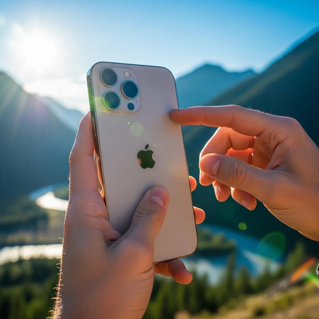 Person using iPhone 15 Pro to capture a photo in a scenic outdoor location