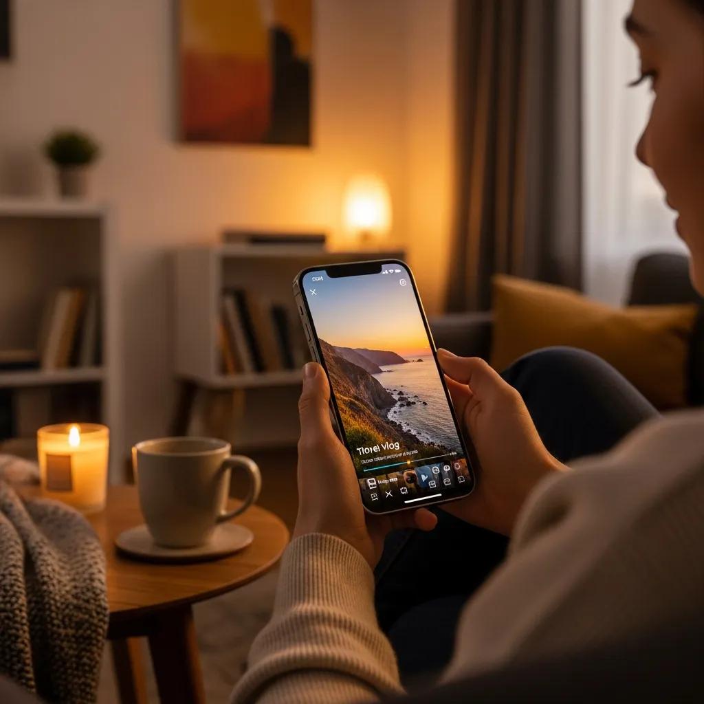 User enjoying video content on iPhone 15 Pro in a cozy living room