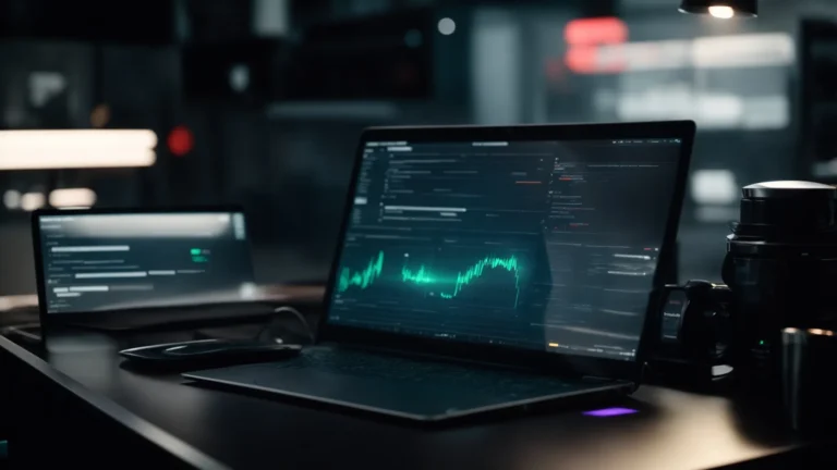 on one side of the table, a sleek, futuristic ai interface glows, while on the other side, an outdated computer screen displays a static software dashboard.