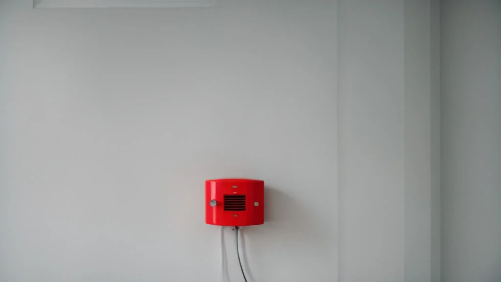 a bright red fire alarm mounted on a plain wall inside an office building.